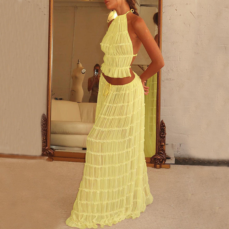Beach Halter Crop with Pleated Long Skirt