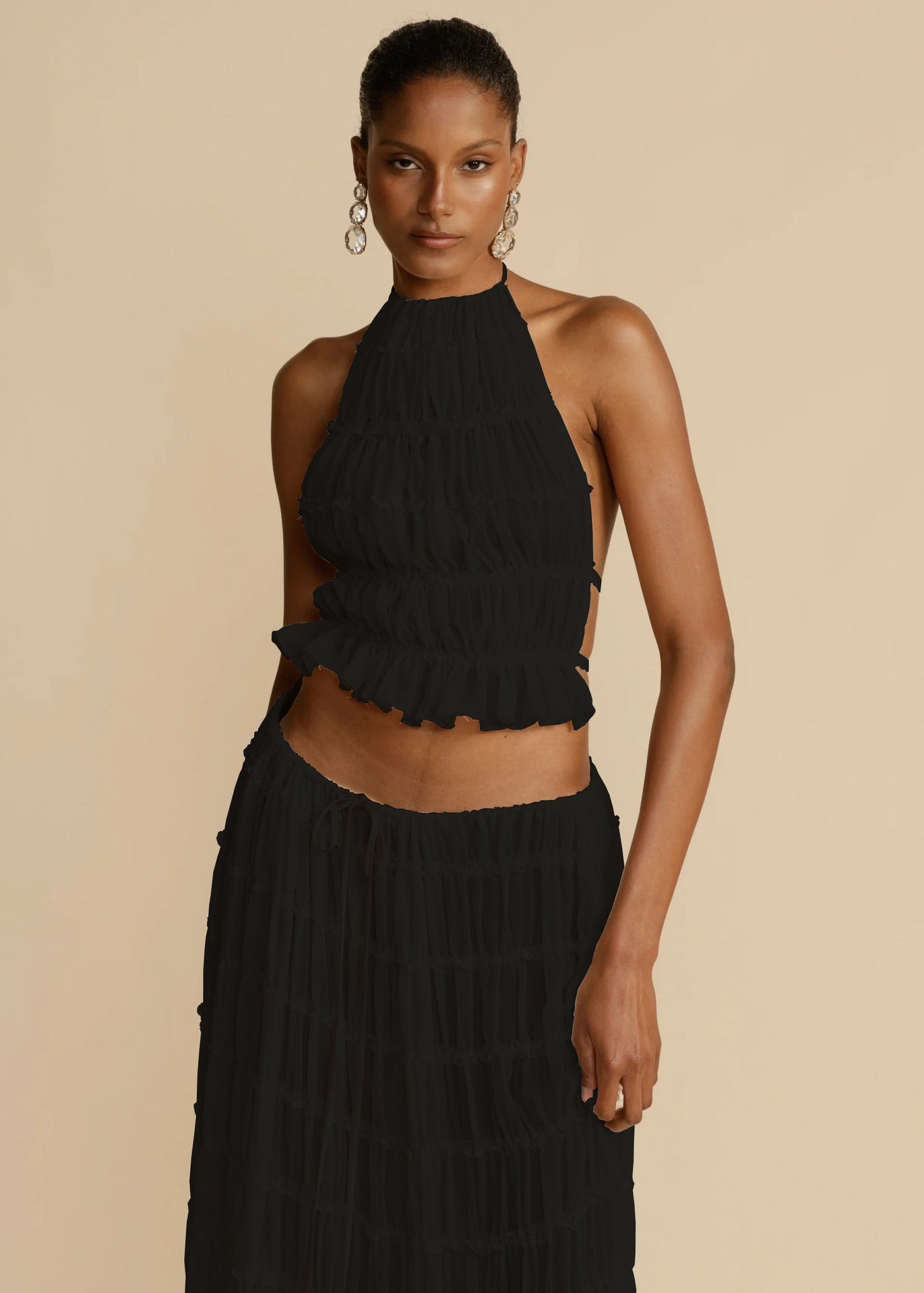 Beach Halter Crop with Pleated Long Skirt