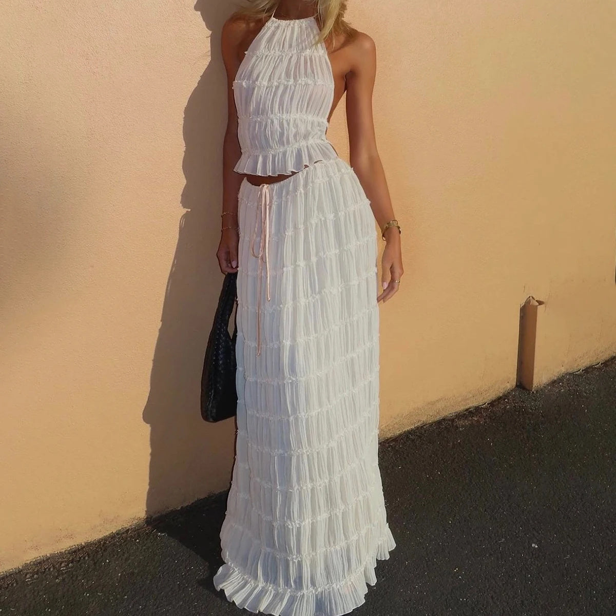 Beach Halter Crop with Pleated Long Skirt