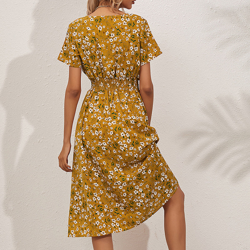 Women's V-Neck Floral Print Dress - A-Line Waisted