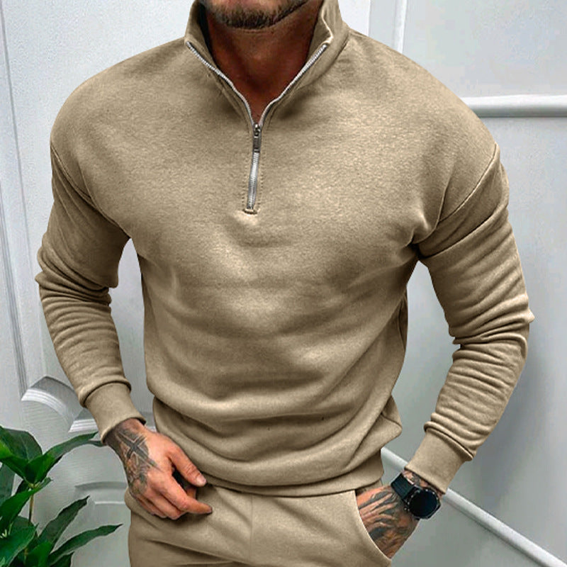Solid Color Men's Zipper Fleece-lined Pullover
