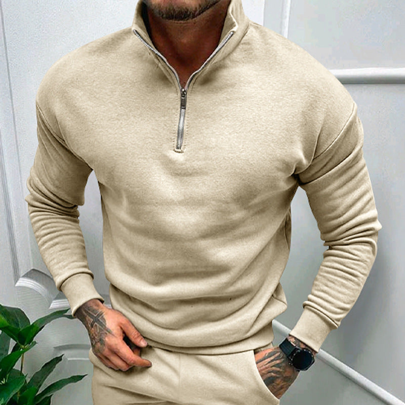 Solid Color Men's Zipper Fleece-lined Pullover