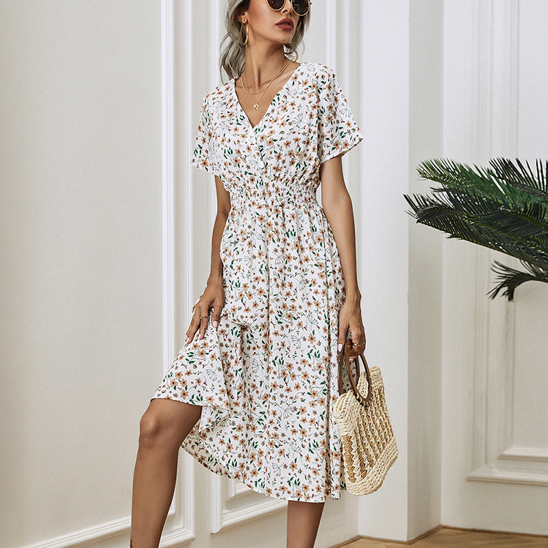 Women's V-Neck Floral Print Dress - A-Line Waisted