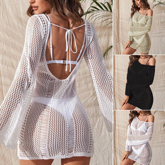 Knitted Backless Long Sleeve Beach Blouse
