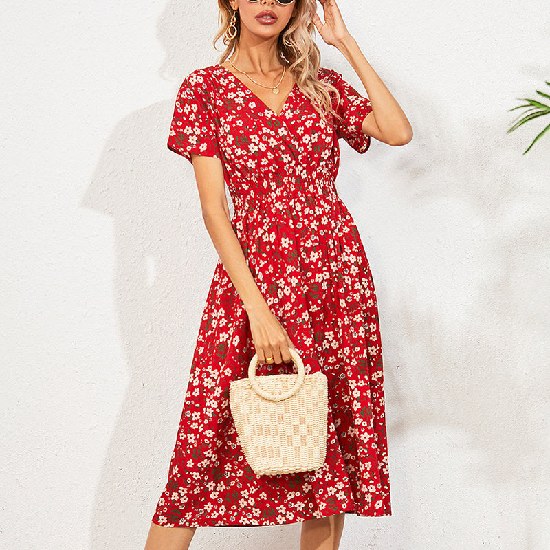 Women's V-Neck Floral Print Dress - A-Line Waisted