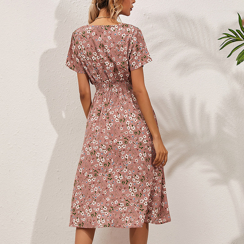 Women's V-Neck Floral Print Dress - A-Line Waisted