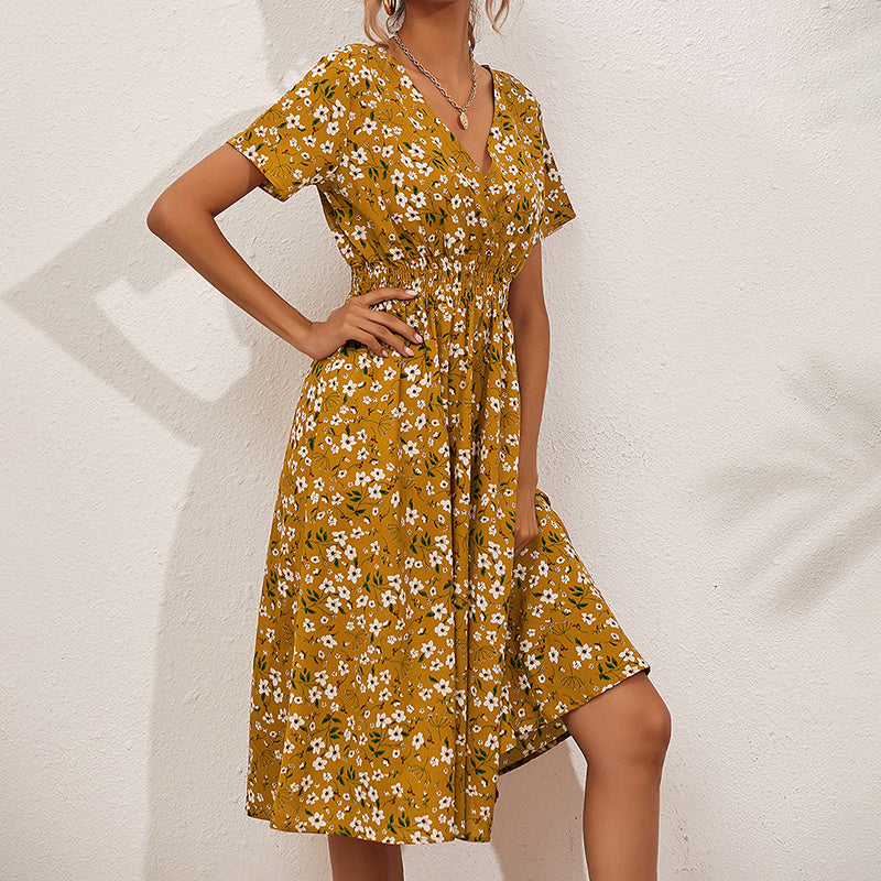 Women's V-Neck Floral Print Dress - A-Line Waisted