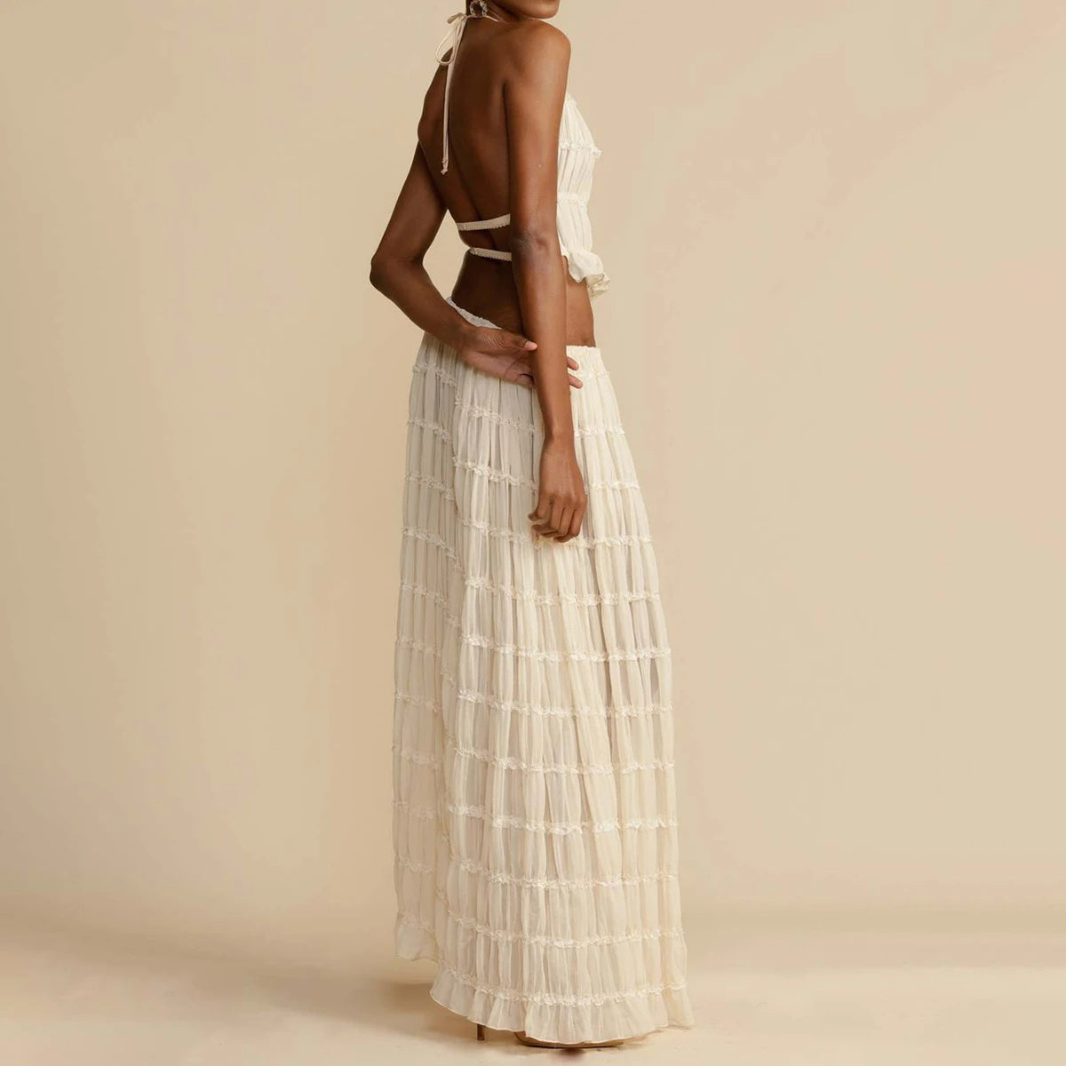 Beach Halter Crop with Pleated Long Skirt