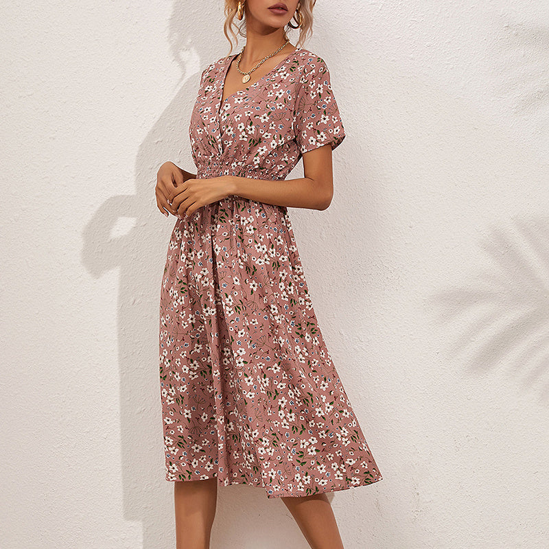 Women's V-Neck Floral Print Dress - A-Line Waisted