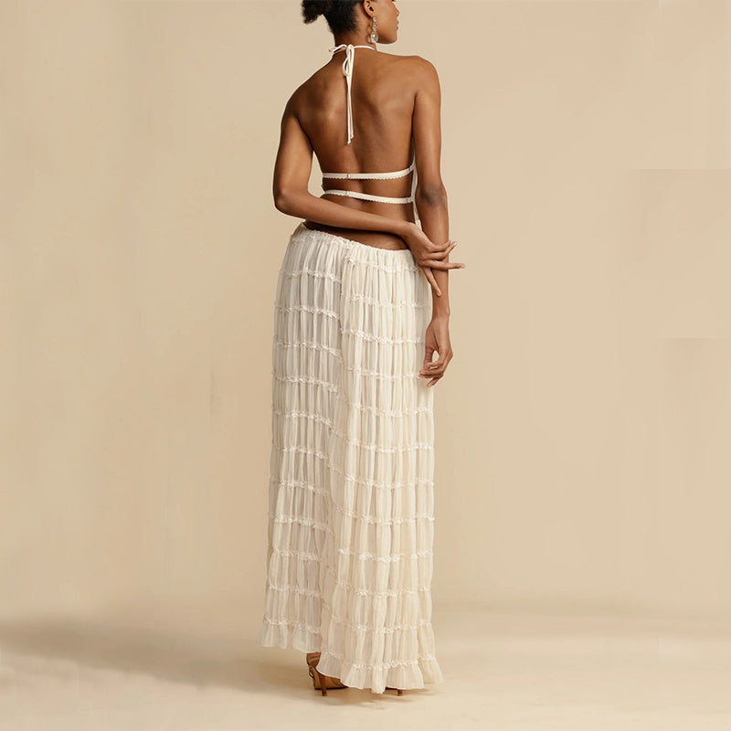 Beach Halter Crop with Pleated Long Skirt