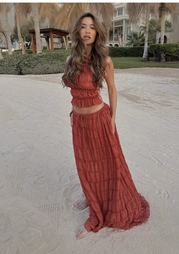 Beach Halter Crop with Pleated Long Skirt