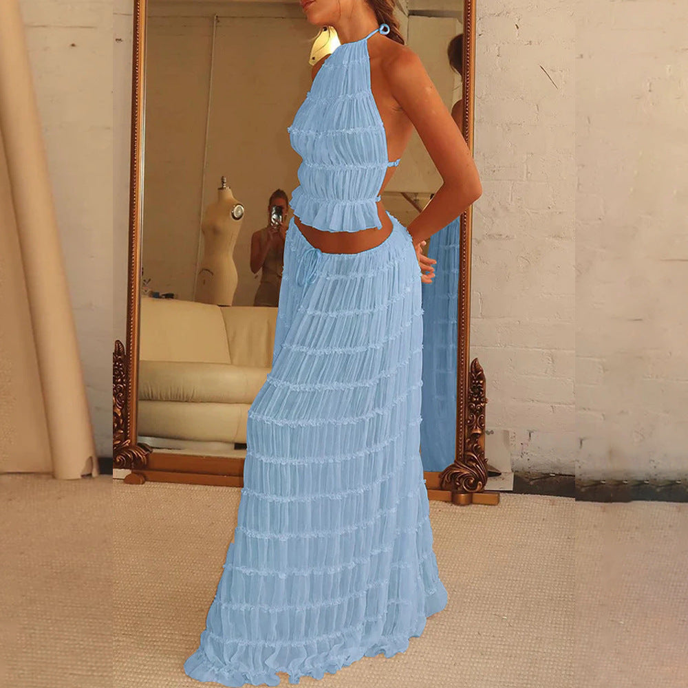 Beach Halter Crop with Pleated Long Skirt
