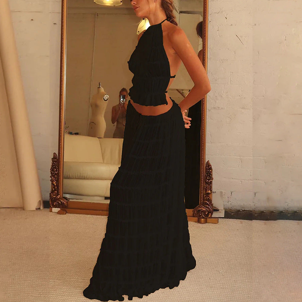 Beach Halter Crop with Pleated Long Skirt