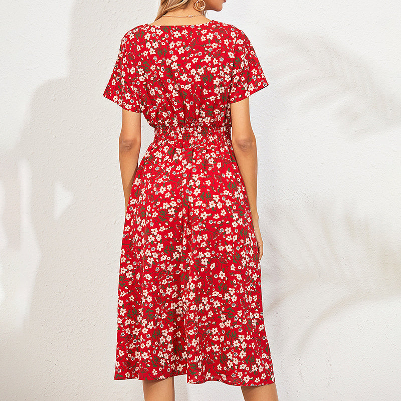Women's V-Neck Floral Print Dress - A-Line Waisted