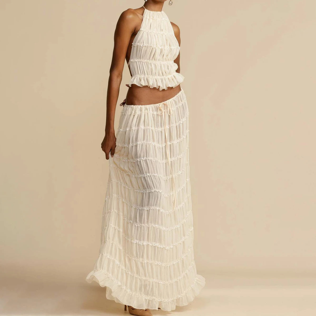 Beach Halter Crop with Pleated Long Skirt