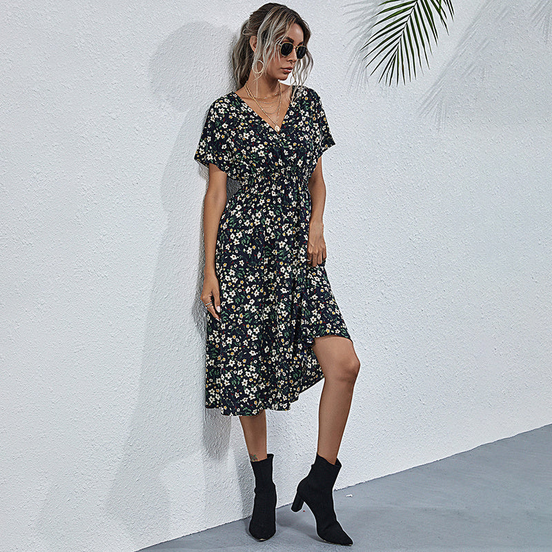 Women's V-Neck Floral Print Dress - A-Line Waisted