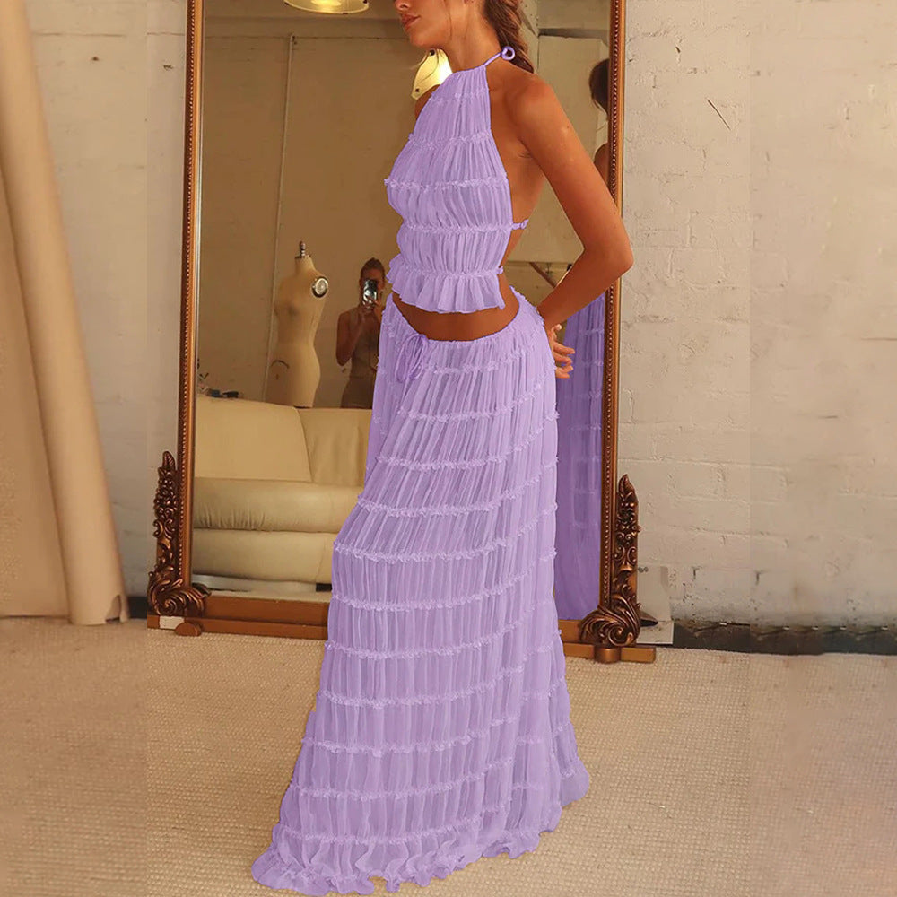 Beach Halter Crop with Pleated Long Skirt