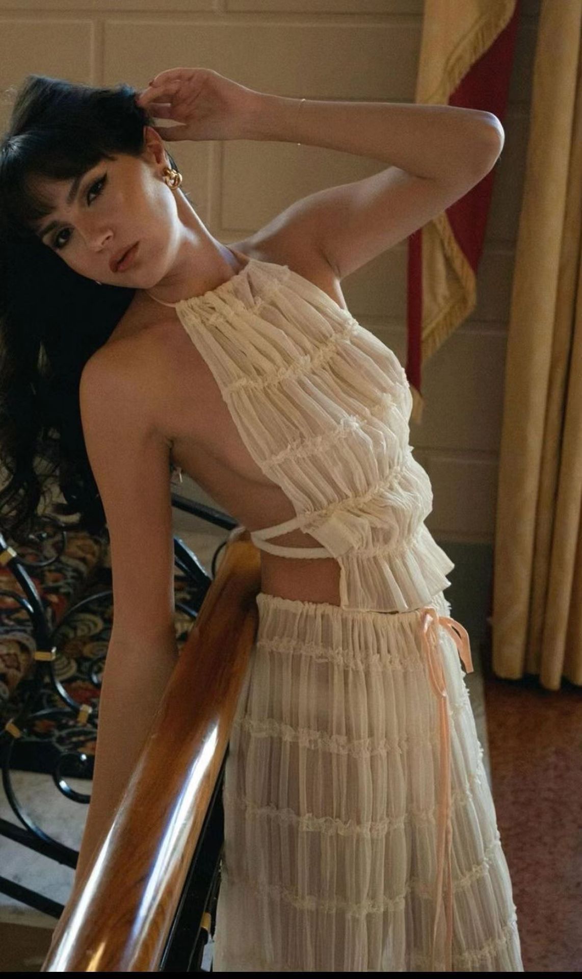 Beach Halter Crop with Pleated Long Skirt