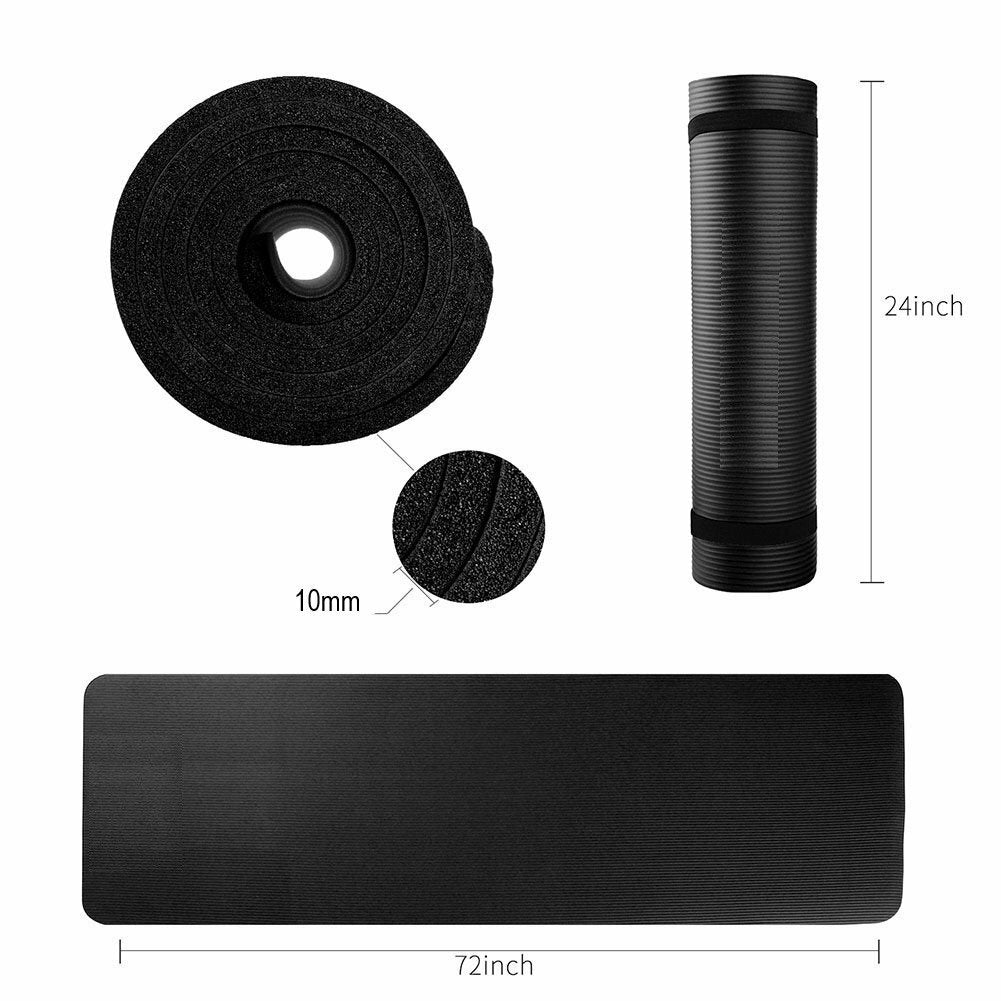 Extra Thick 10Mm Exercise Yoga Pilates Mat Gym Fitness NBR 72"X 24" W/ Bag Strap