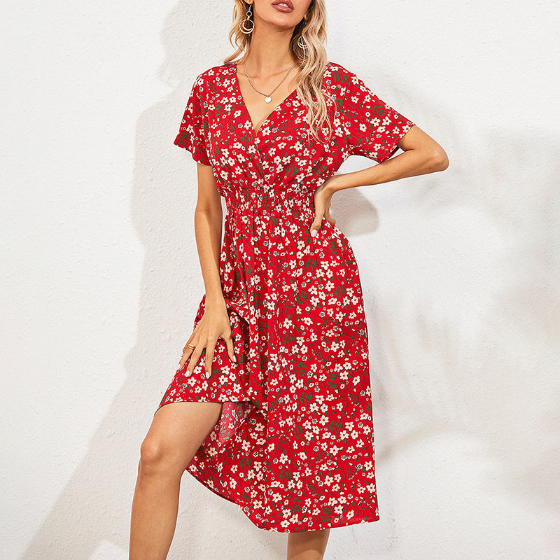 Women's V-Neck Floral Print Dress - A-Line Waisted