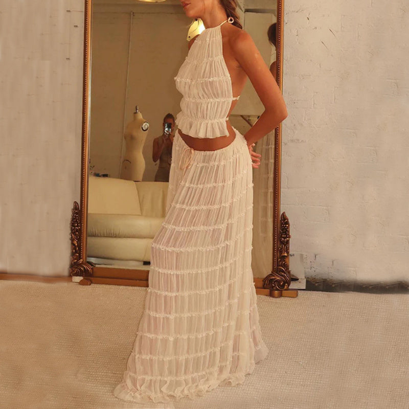 Beach Halter Crop with Pleated Long Skirt