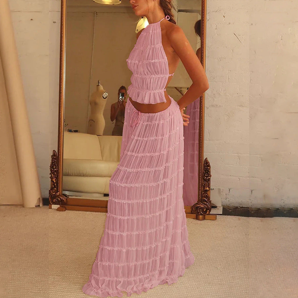 Beach Halter Crop with Pleated Long Skirt