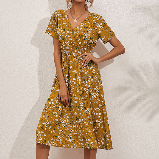 Women's V-Neck Floral Print Dress - A-Line Waisted