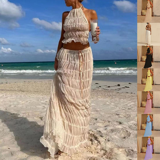 Beach Halter Crop with Pleated Long Skirt