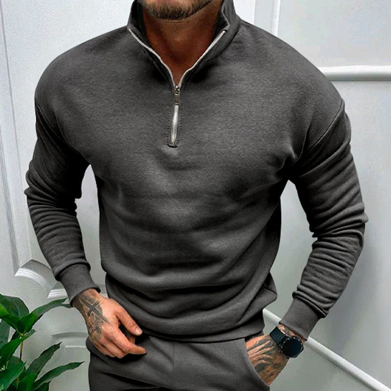 Solid Color Men's Zipper Fleece-lined Pullover