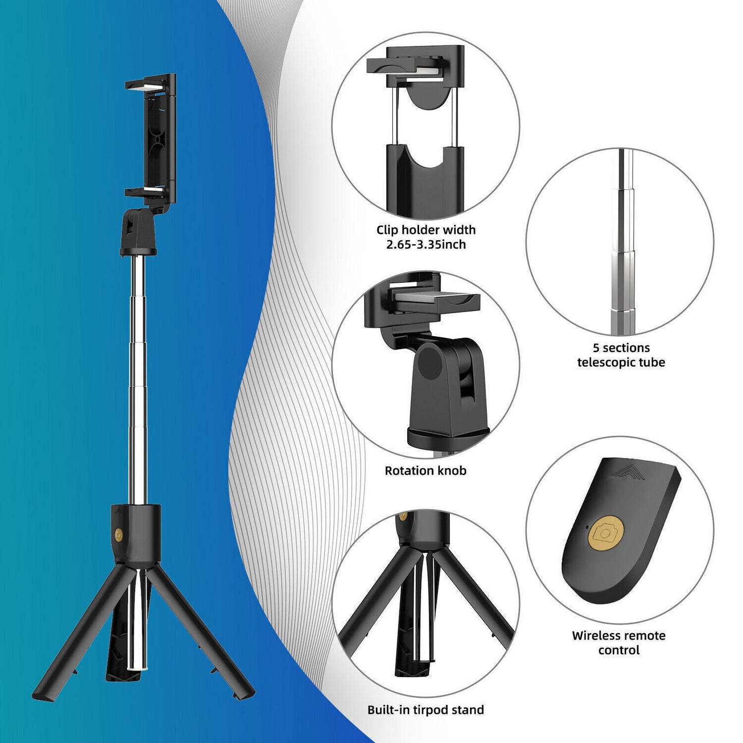 3-in-1 Universal Selfie Stick Tripod Stand For Cell Phone With Bluetooth Remote