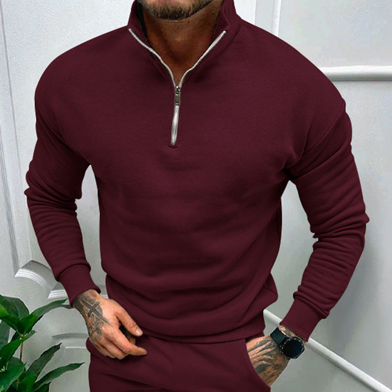 Solid Color Men's Zipper Fleece-lined Pullover