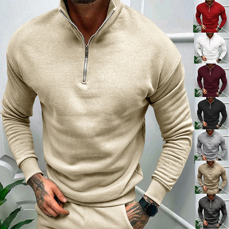 Solid Color Men's Zipper Fleece-lined Pullover