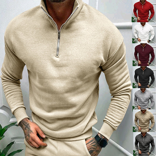 Solid Color Men's Zipper Fleece-lined Pullover