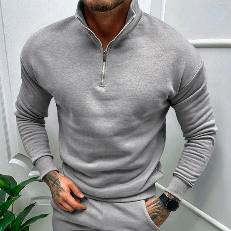 Solid Color Men's Zipper Fleece-lined Pullover