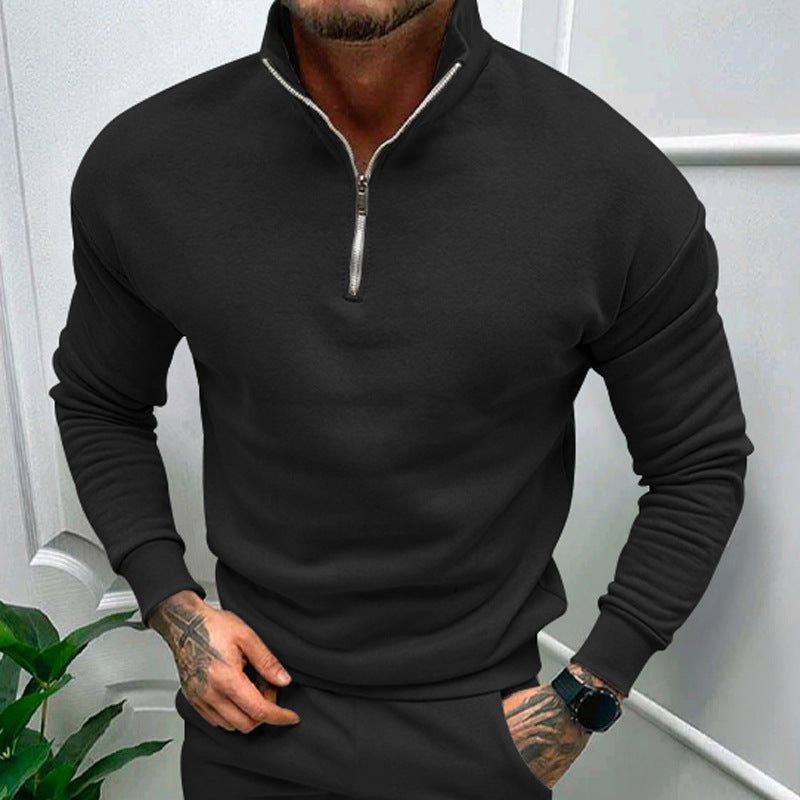 Solid Color Men's Zipper Fleece-lined Pullover