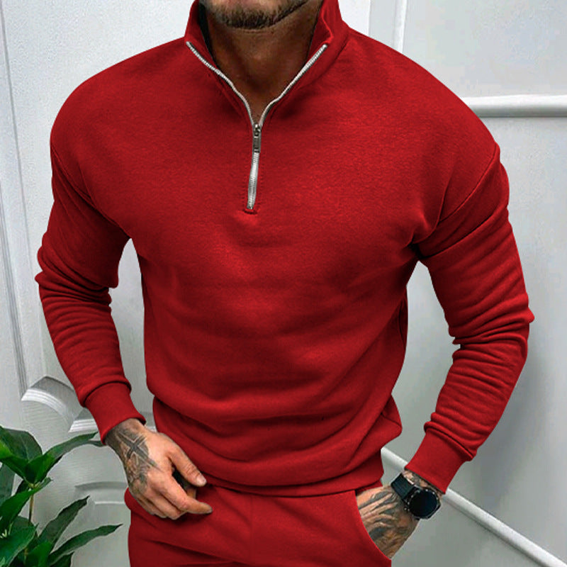 Solid Color Men's Zipper Fleece-lined Pullover